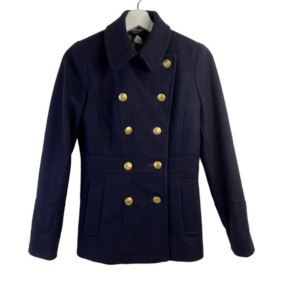 J. Crew Size 0 Peacoat Coat Wool Blend Navy Double Breasted Collared Pockets - Picture 1 of 8
